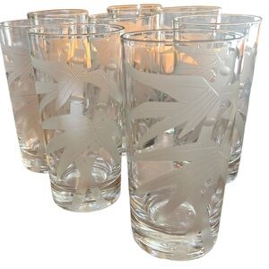 Federal Glass MCM vintage Elegant Frosted bamboo Leaf Design Glass Set of 8